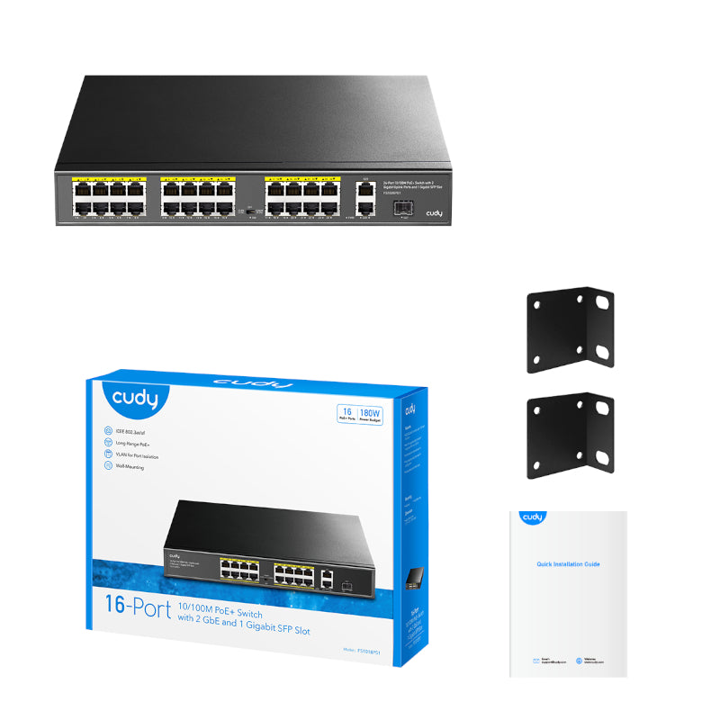 Cudy 16-Port Fast Ethernet 10/100M Unmanaged PoE+ Switch with 2 Gigabit Uplink and 1 SFP Port 200W - Rack Mount