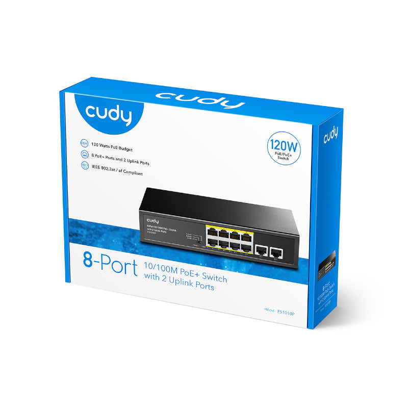 Cudy 8-Port Fast Ethernet 10/100M Unmanaged PoE+ Switch with 2 Uplink Ports 120W - Desktop