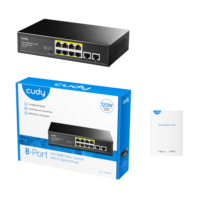 Cudy 8-Port Fast Ethernet 10/100M Unmanaged PoE+ Switch with 2 Uplink Ports 120W - Desktop