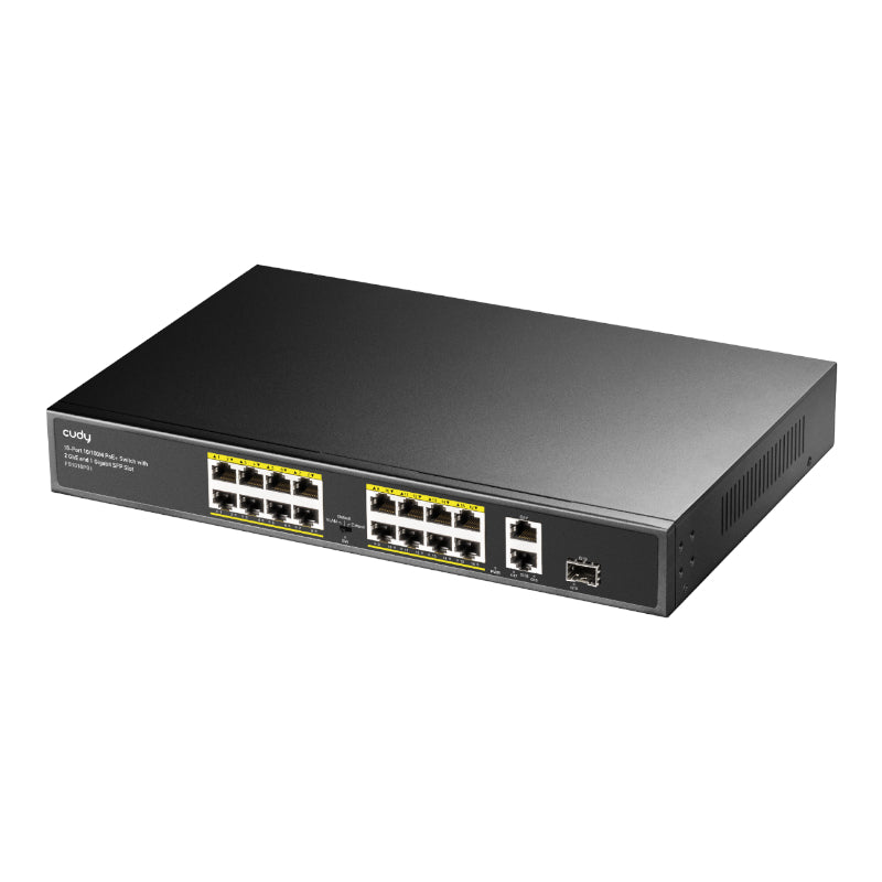 Cudy 16-Port Fast Ethernet 10/100M Unmanaged PoE+ Switch with 2 Gigabit Uplink and 1 SFP Port 200W - Rack Mount