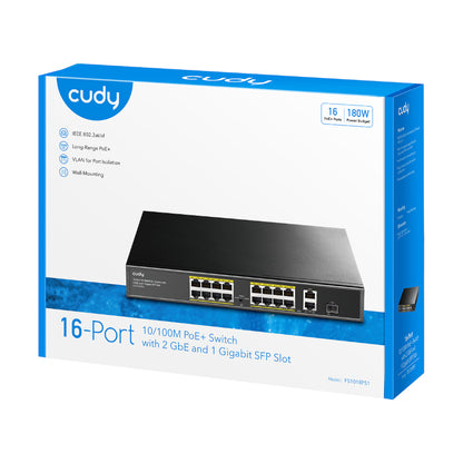 Cudy 16-Port Fast Ethernet 10/100M Unmanaged PoE+ Switch with 2 Gigabit Uplink and 1 SFP Port 200W - Rack Mount
